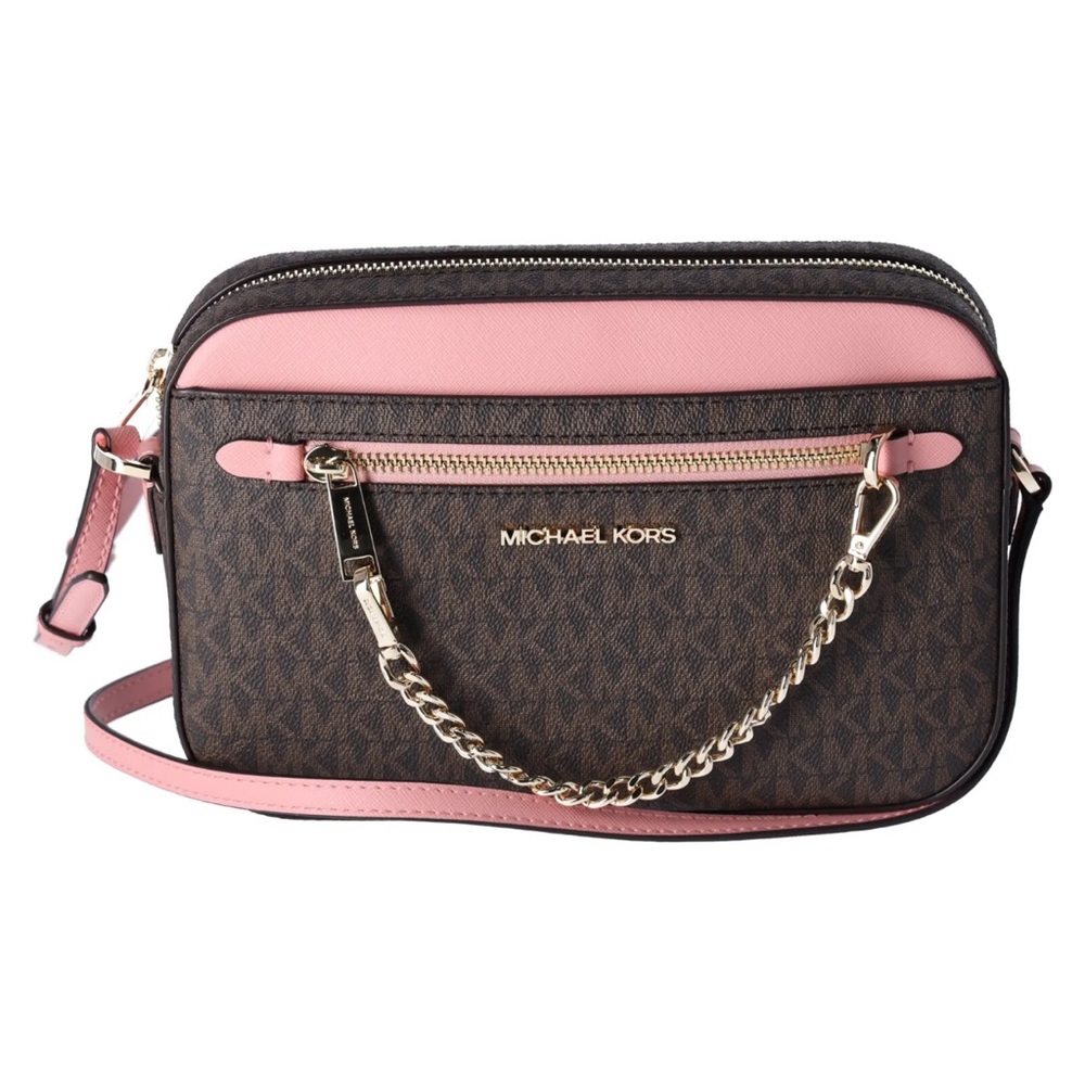 Michael Kors Jet Set Large East West Chain Crossbody Brown MK Primrose Pink - Picture 9 of 9